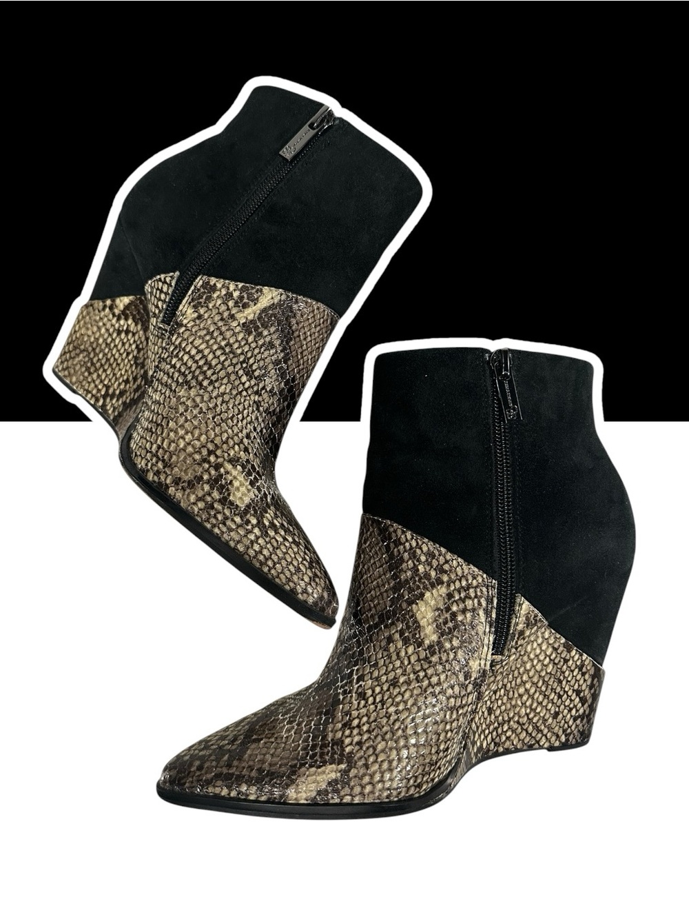 JESSICA SIMPSON / Black & Snake Print Wedge Ankle Booties / Pointed Toe Size 6.5